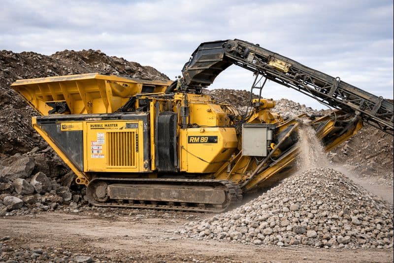 Rubble Master RM 80 mobile crusher side profile showing conveyor
