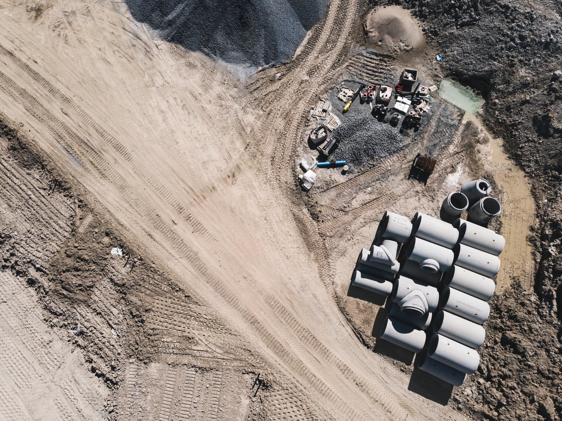 Aerial view of concrete crushing equipment in action